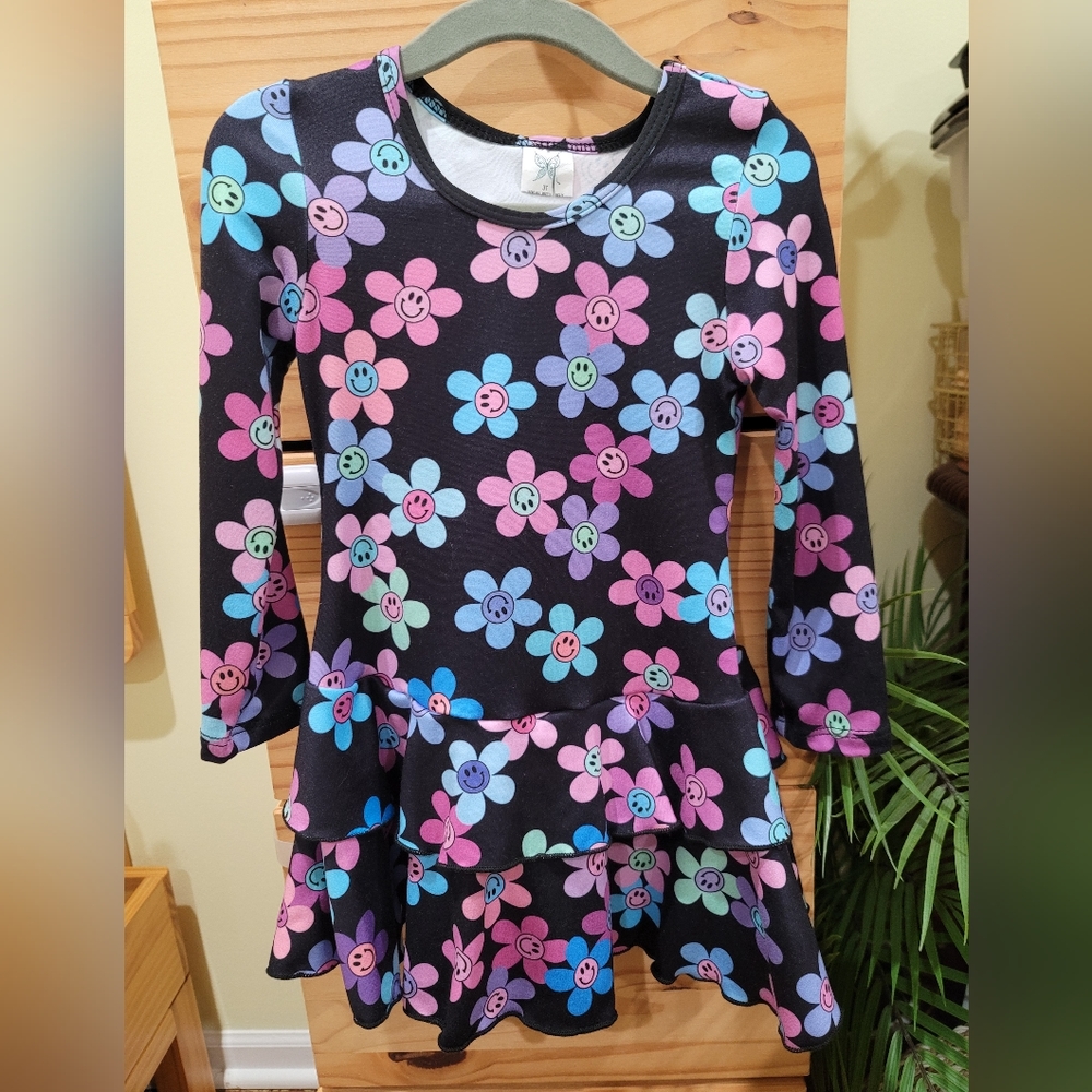 Toddler Girls Long Sleeve Dress 3T/4T Funky Hippie Flowers Kids